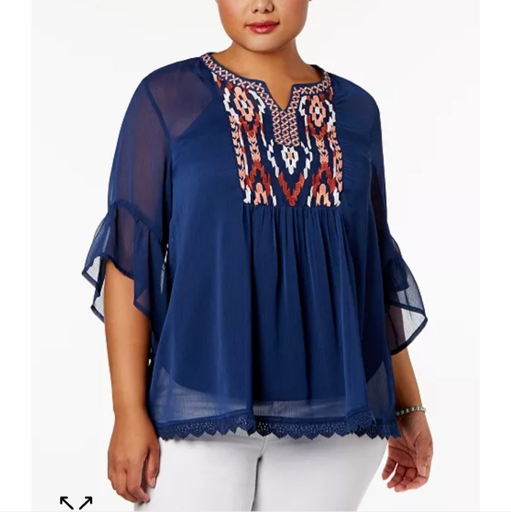 XL Style & Co. Blue Flutter Sleeve Embroidered Sheer Blouse with Cami